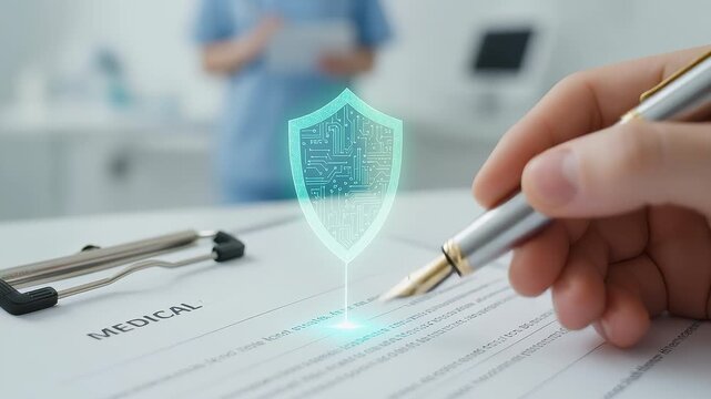 Medical doctor hand writing on document clipboard with digital cyber security shield hologram and patient health record data privacy protection safety policy agreement signature system