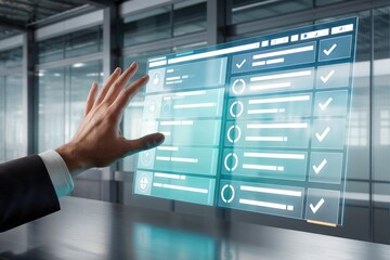 Close-up Hand Touching Digital User Interface for Quality Assurance and System Tracking.