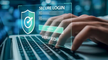 Medical doctor hand entering password on laptop computer with digital secure login interface hologram and electronic patient data privacy protection verified network access security solution - Powered by Adobe