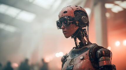 Close-up of a detailed humanoid robot with glowing red eyes and intricate mechanical parts