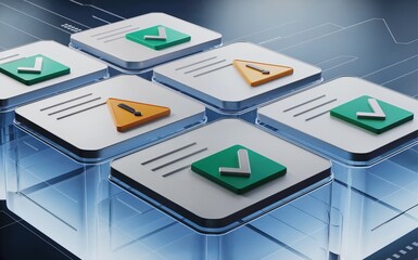 3D Business Risk Management Dashboard with Warning Alerts and Success Verification Cards.