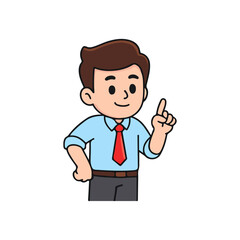 Cartoon office worker pointing finger with confident expression. Chibi businessman giving explanation or idea gesture.