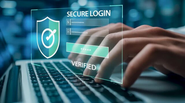 Medical doctor hand entering password on laptop computer with digital secure login interface hologram and electronic patient data privacy protection verified network access security solution