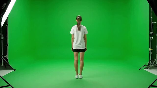 Full-Length Back View of Casual Woman Standing Still on Green Screen Set
