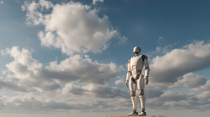 Humanoid robot standing on a cliff against a cloudy blue sky