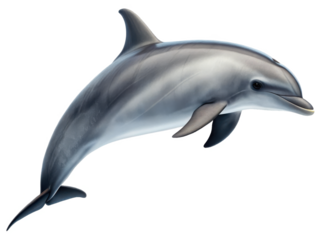 Sleek, photorealistic bottlenose dolphin with smooth, gray skin and subtle shading, dynamically leaping through the water with a gentle curve to its body,, isolated on transparent background.