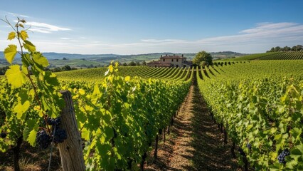Obraz premium Lush Green Vineyard Landscape with Traditional Tuscan Farmhouse and Ripe Grapes Under a Clear Blue Sky in Italy