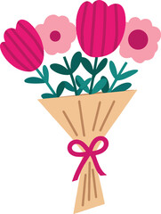 Floral Bouquet Illustration: Pink Flowers with Paper Wrap for Gift and Love