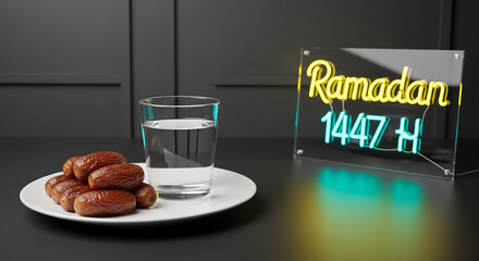 Ramadan Kareem: Dates and Water, a symbol of Iftar, with a neon illuminated sign on a dark background.