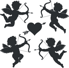 Cupid Silhouette Vector Set with Bow and Arrow for Valentine Day Design