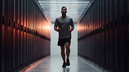 Man running through a futuristic server room with orange glowing lights
