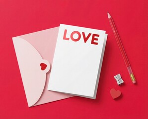 Valentine love letter flat lay on red background with card envelope pencil hearts
