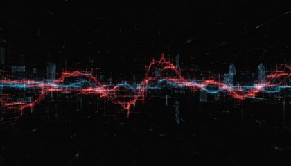 Glowing red and blue digital audio waveforms and data points pulse across a dark grid background in a virtual space environment