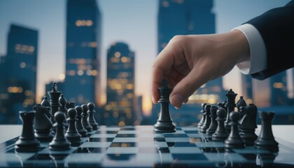 Hand of businessman moving black king chess piece on board against illuminated evening city skyline and skyscrapers