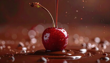 Macro view of liquid dark chocolate pouring over a ripe red cherry with splashing droplets on a brown surface