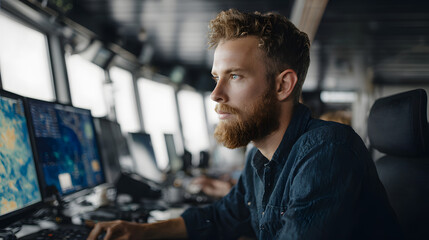 Man with beard intently focused on multiple computer screens in a control room