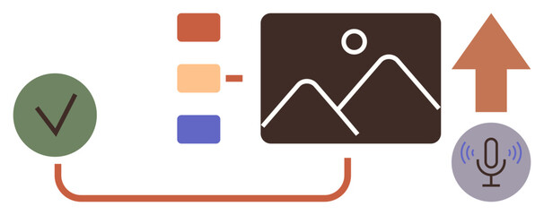 Digital communication, content creation, organization, approval processes, workflow automation, and voice tools. Icons for image and audio with verification and upload. Communication and content