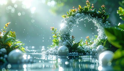 Luminous wreath of pearls and green leaves floats above a calm body of water with sparkling bokeh light effects
