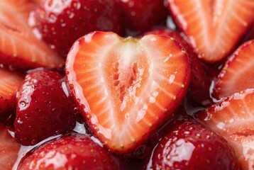 Strawberry macro texture close up with juicy sliced berries glossy syrup background
