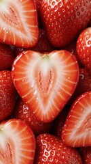 Strawberry macro texture close up with juicy sliced berries glossy syrup background
