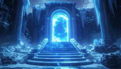 Grand ancient stone archway glows with blue magical energy portal leading to mysterious realm in snowy mountain temple