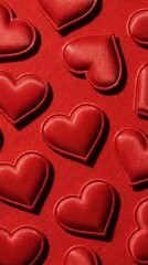 Red fabric heart patches pattern on bright red background macro valentine texture
