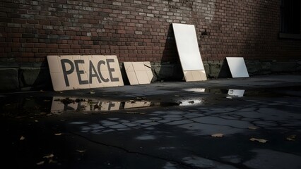 A cardboard sign with the word "PEACE" written on it leans against a dark brick wall, reflected in a puddle on the wet ground in a somber urban setting.