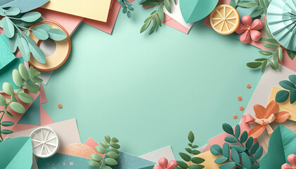 A colorful and vibrant digital illustration of a floral border with leaves and fruits on a pastel green background with blank space for text