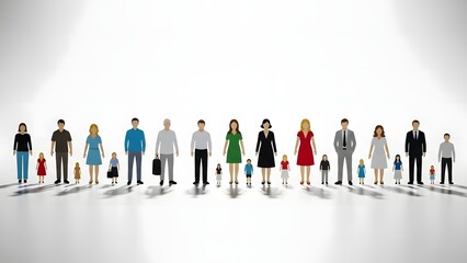 A diverse group of stylized people, including adults and children, standing in a line on a bright white background.