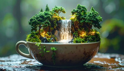 Miniature ecosystem with lush green trees and waterfall contained inside white ceramic teacup on wooden surface