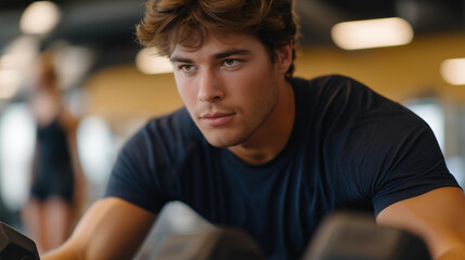 An athlete performs strength training in a gym filled with diverse fitness gear, focusing intently on their form as they lift weights, surrounded by other dedicated individuals working out.