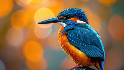 Side profile of colorful kingfisher with vibrant blue feathers and orange breast against blurred warm light background