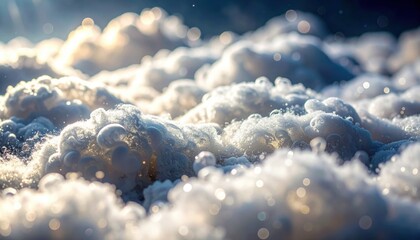 Close up view of white soap bubbles and foam with sunlight creating bokeh effects and soft shadows in abstract texture