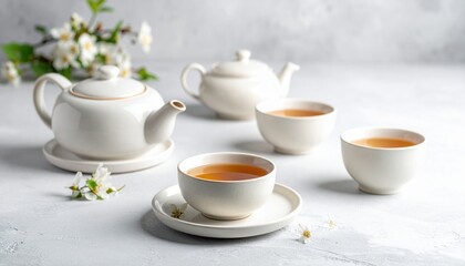 Traditional tea set featuring white ceramic teapots and cups filled with amber tea on clean white surface with flowers