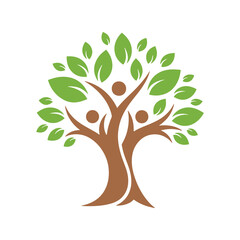 Obraz premium Brown tree with green leaves and three human silhouettes integrated into the branches