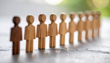 Row of wooden human figures standing on a gray surface with one darker figure at the end representing diversity and inclusion