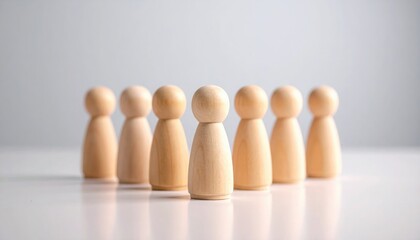 Single wooden peg person figurine standing at front of group of blurred figures representing leadership or standing out from crowd