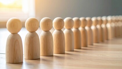 Long row of identical wooden peg dolls standing in straight line on light surface with bright window light in background