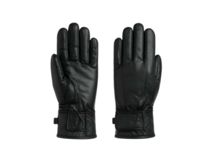 A pair of black leather gloves with buckle closures