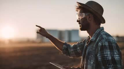 Farmer in straw hat and safety glasses points to the distance while holding a tablet