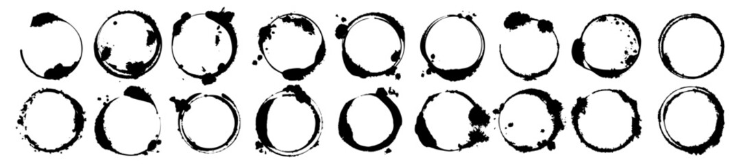 Ink circle set, vector black ring spot abstract geometric cup splash print liquid brushstroke design. Creative round stains, messy brushstroke frame, dirty splatter icon. Ink circle texture collection
