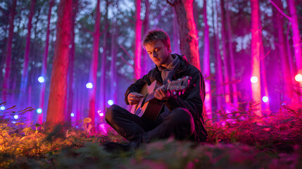 Young man playing acoustic guitar in a magical forest with colorful lights at dusk