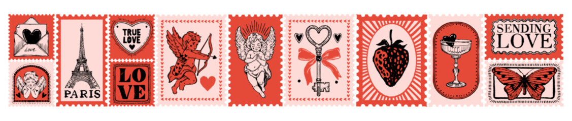 Love mail stamps, doodle hand drawn holiday letter print set, postal Valentine day correspondence. Cute romantic holiday postmark, vintage postage sticker, cupid sign. Whimsical love stamp badge art