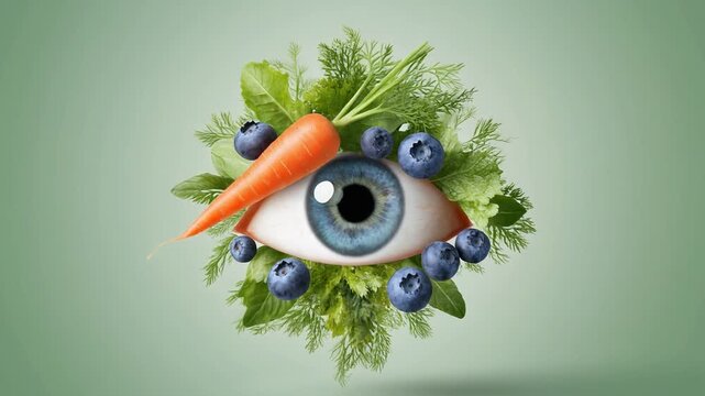 Fresh carrots, leafy greens, and blueberries appear around the eye cornea in a simple animation with vivid colours and creative style. Concept of nutrition for eye health
