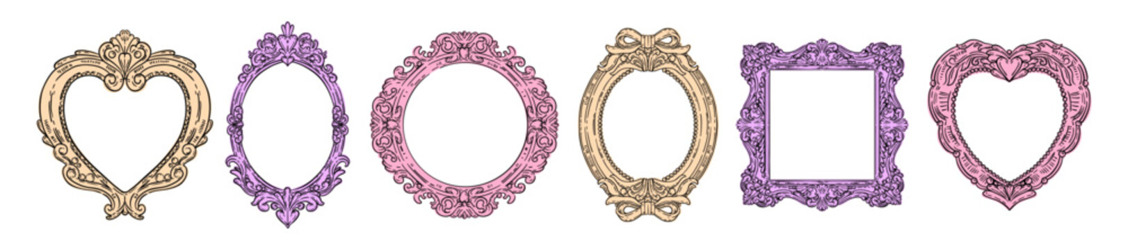 Vintage doodle frames, hand drawn whimsical border shape set, antique cartoon picture decoration art. Old ornamental geometric abstract design, mirror decor, empty photo blank. Museum doodle frames