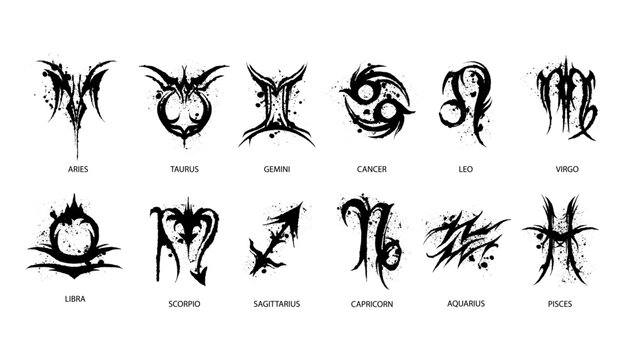 Horoscope zodiac sign set vector dark Neo tribal astrology symbol celestial grunge splash tattoo art. Gothic month constellation trendy logotype, magic fashion print, Aries, Leo, Virgo. Horoscope icon