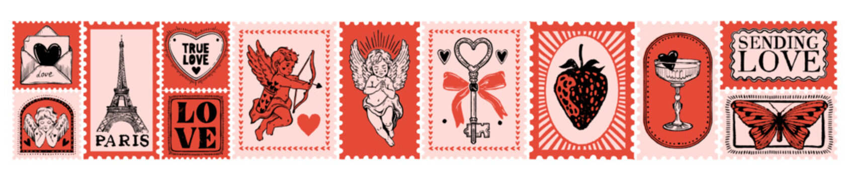 Love mail stamps, doodle hand drawn holiday letter print set, postal Valentine day correspondence. Cute romantic holiday postmark, vintage postage sticker, cupid sign. Whimsical love stamp badge art