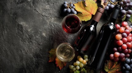 Obraz premium Bottles of red and white wine are on a dark stone surface. Grapes in various colors surround the bottles. Two glasses are ready for tasting.