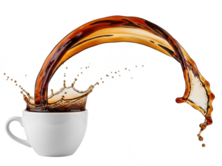 A dynamic pour of rich coffee into a white ceramic cup isolated on transparent background