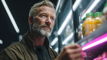 Mature man with beard choosing drinks from a refrigerated display in a modern supermarket